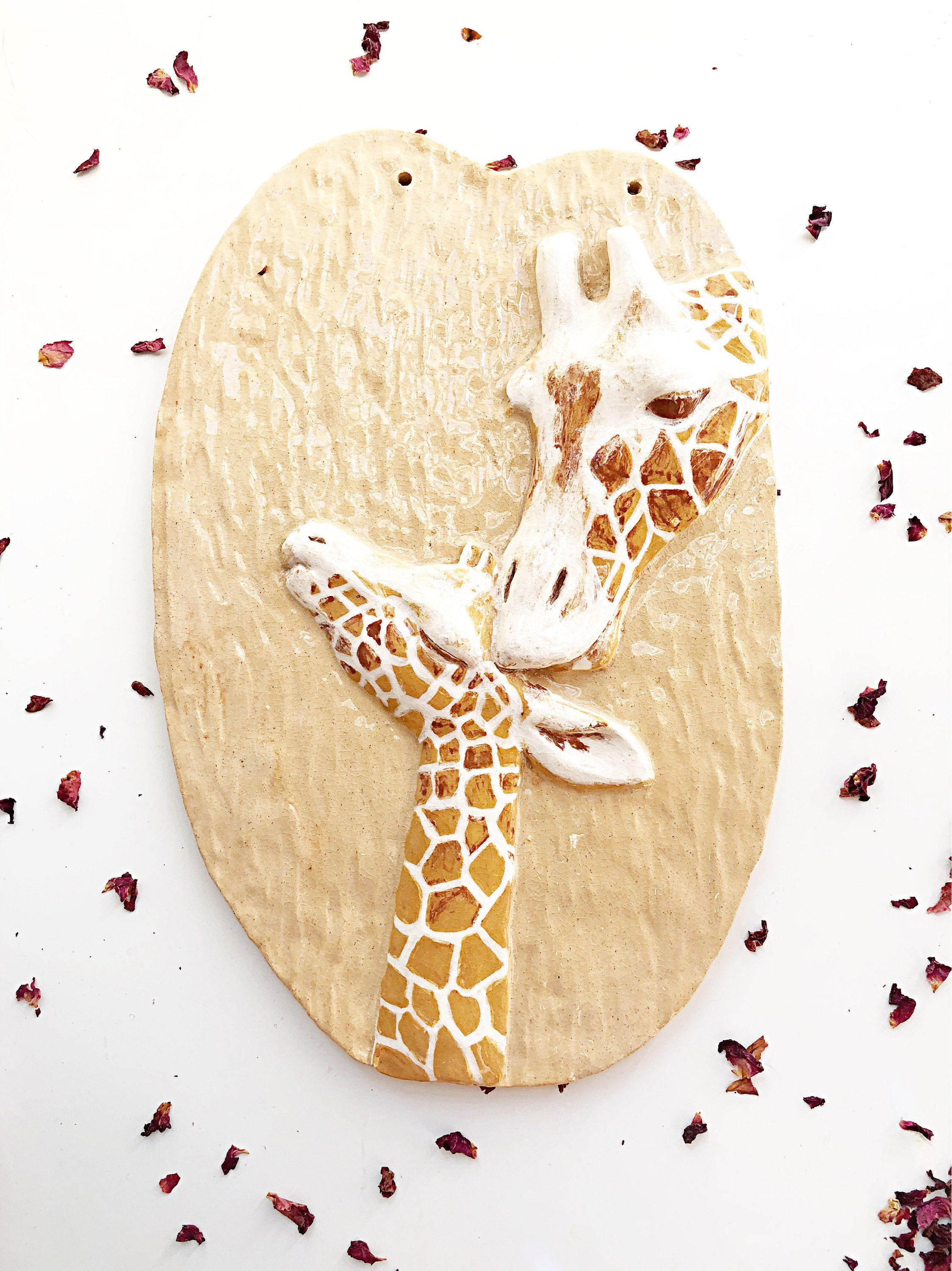 Beige Ceramic Giraffe - Mother and Baby Wallhanging