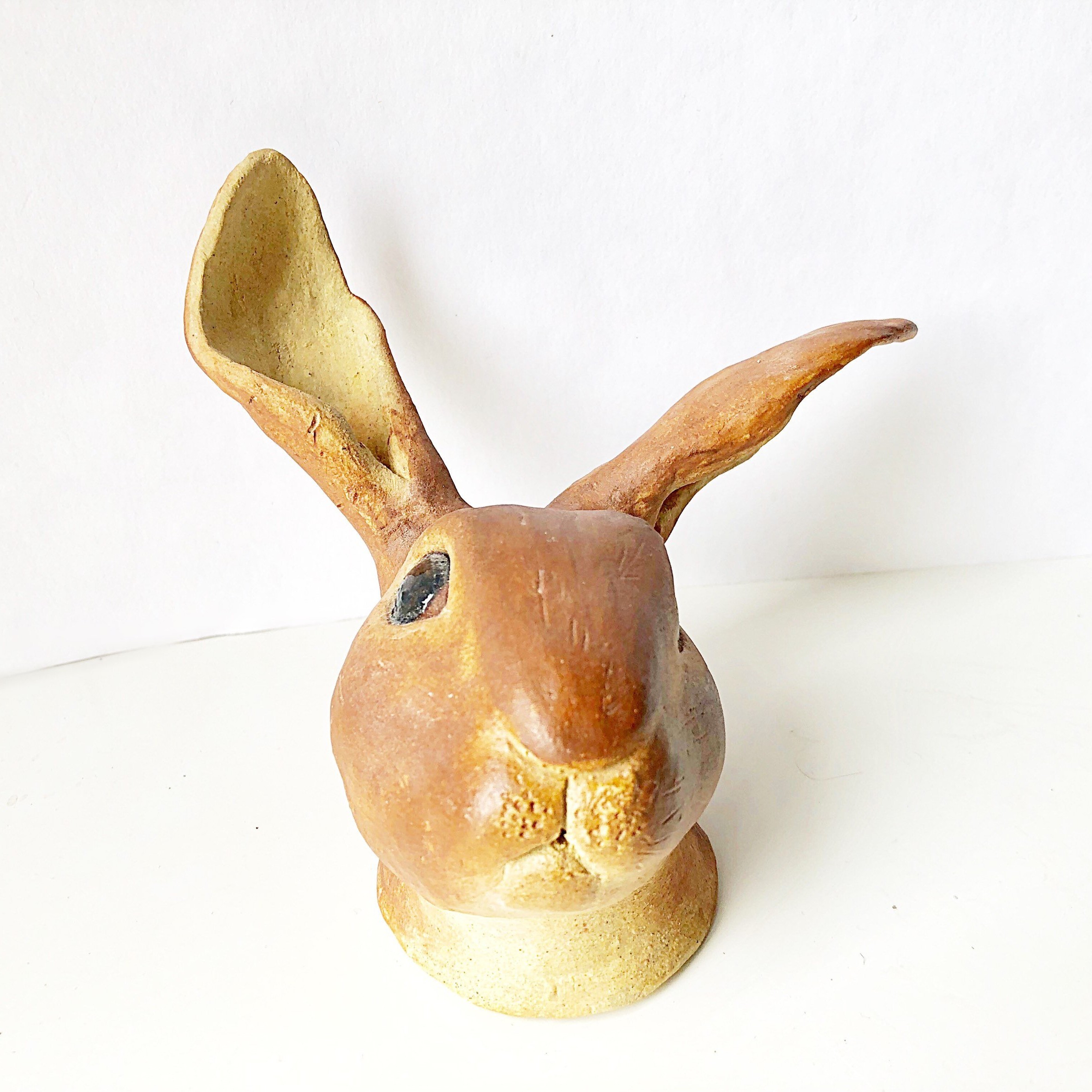 Brown Ceramic Rabbit Head - Bunny Sculpture
