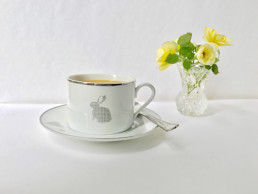 White China Cup and Saucer - Rabbit and Hearts Decal Decor