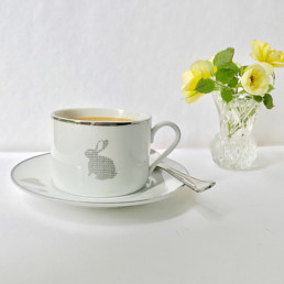 White China Cup and Saucer - Rabbit and Hearts Decal Decor