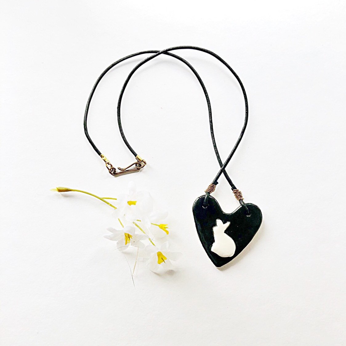 Black Heart Necklace - White Porcelain Bunny
