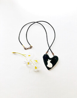 Black Heart Necklace - White Porcelain Bunny