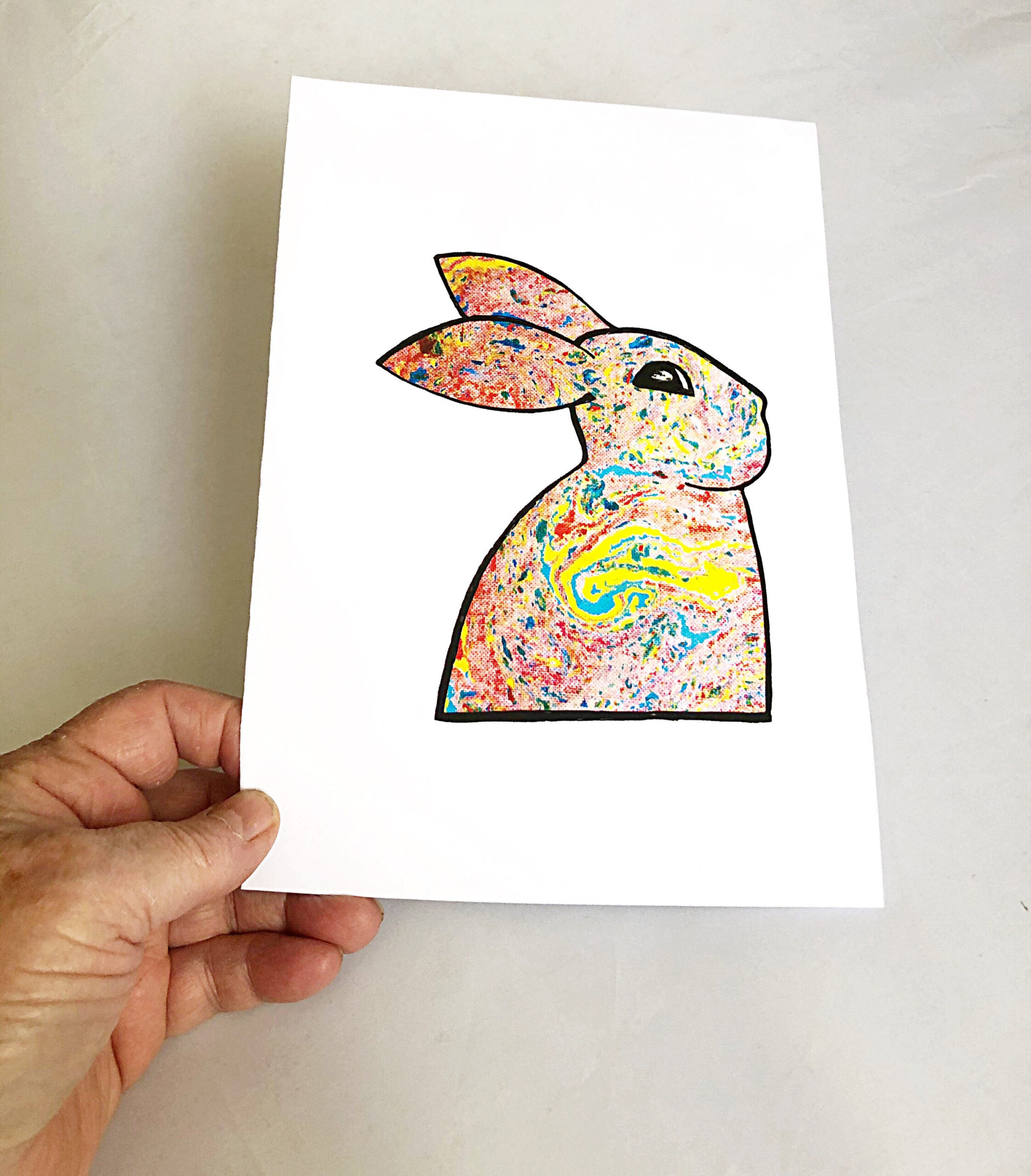 Bunny Card Print - Handdrawn Marbled