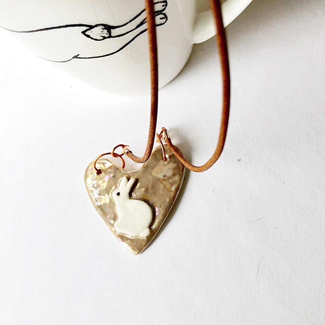 Heart With Rabbit Necklace - Porcelain Irididescent