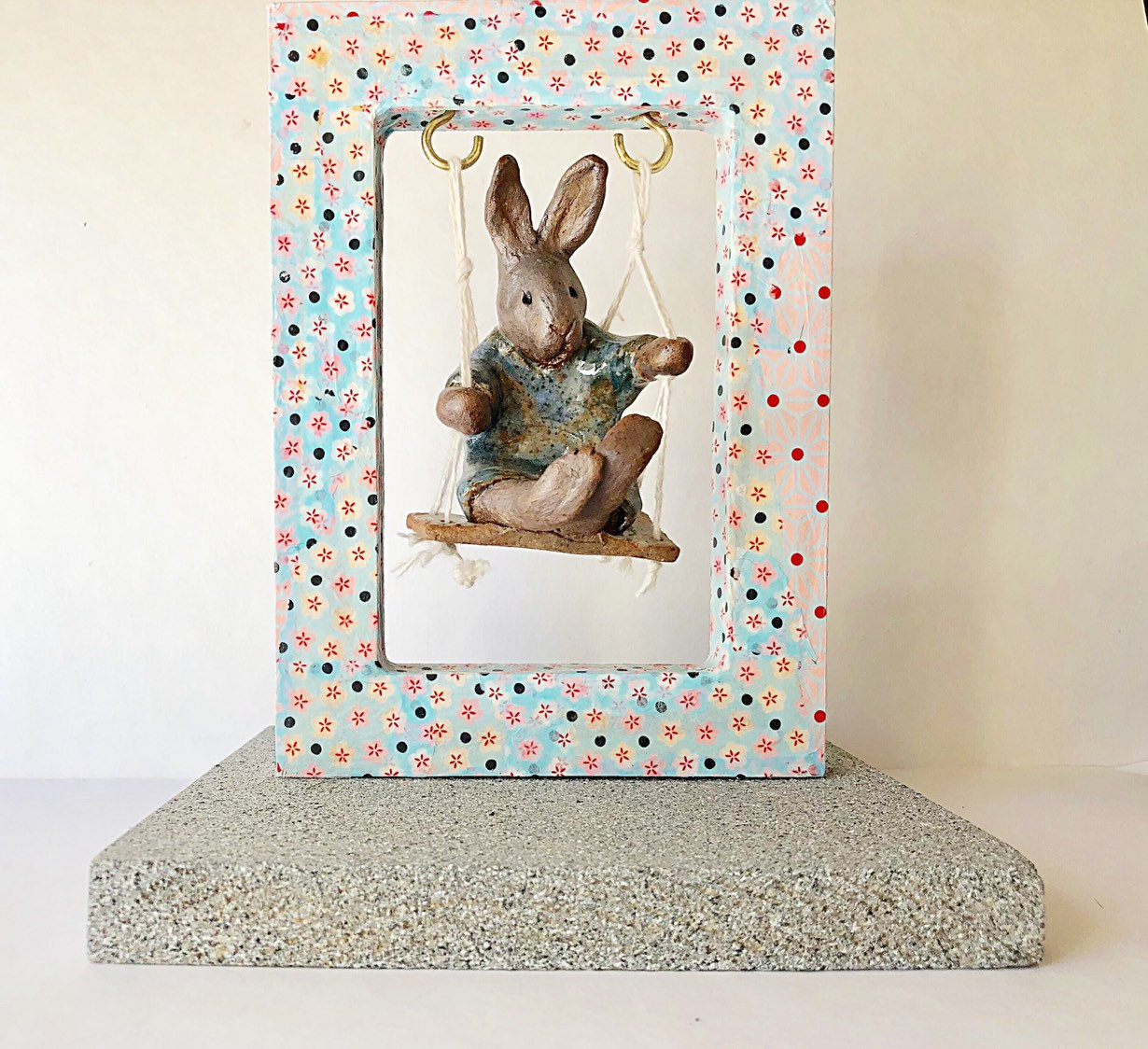 Rabbit Girl On A Swing - Ceramic Sculpture