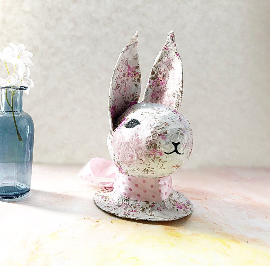 Rabbit  Head - Papermache White/pink floral