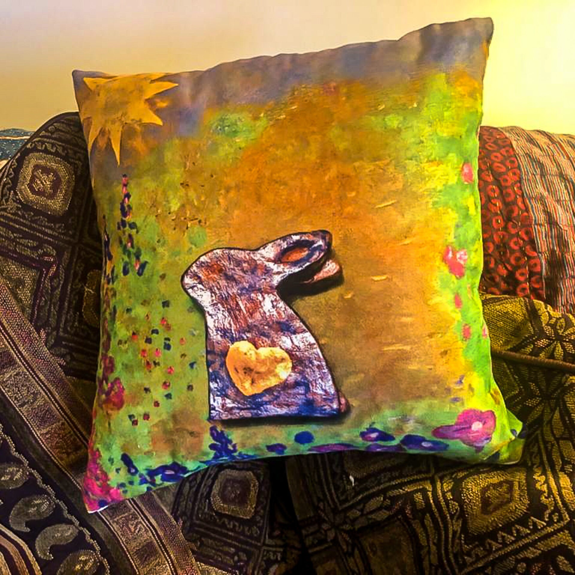 Rabbit in sunny flower garden - Decorative Faux Suede Cushion