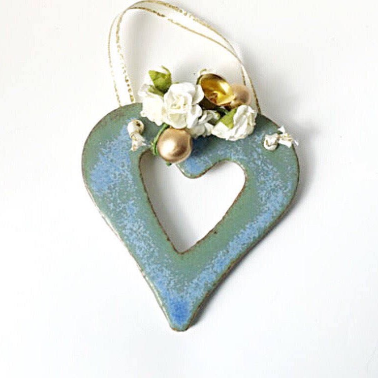 Heart with flowers and bells - Blue Ceramic Hanger