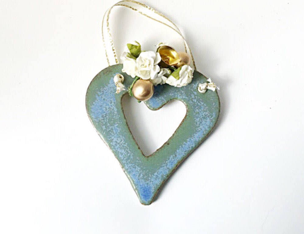 Heart with flowers and bells - Blue Ceramic Hanger