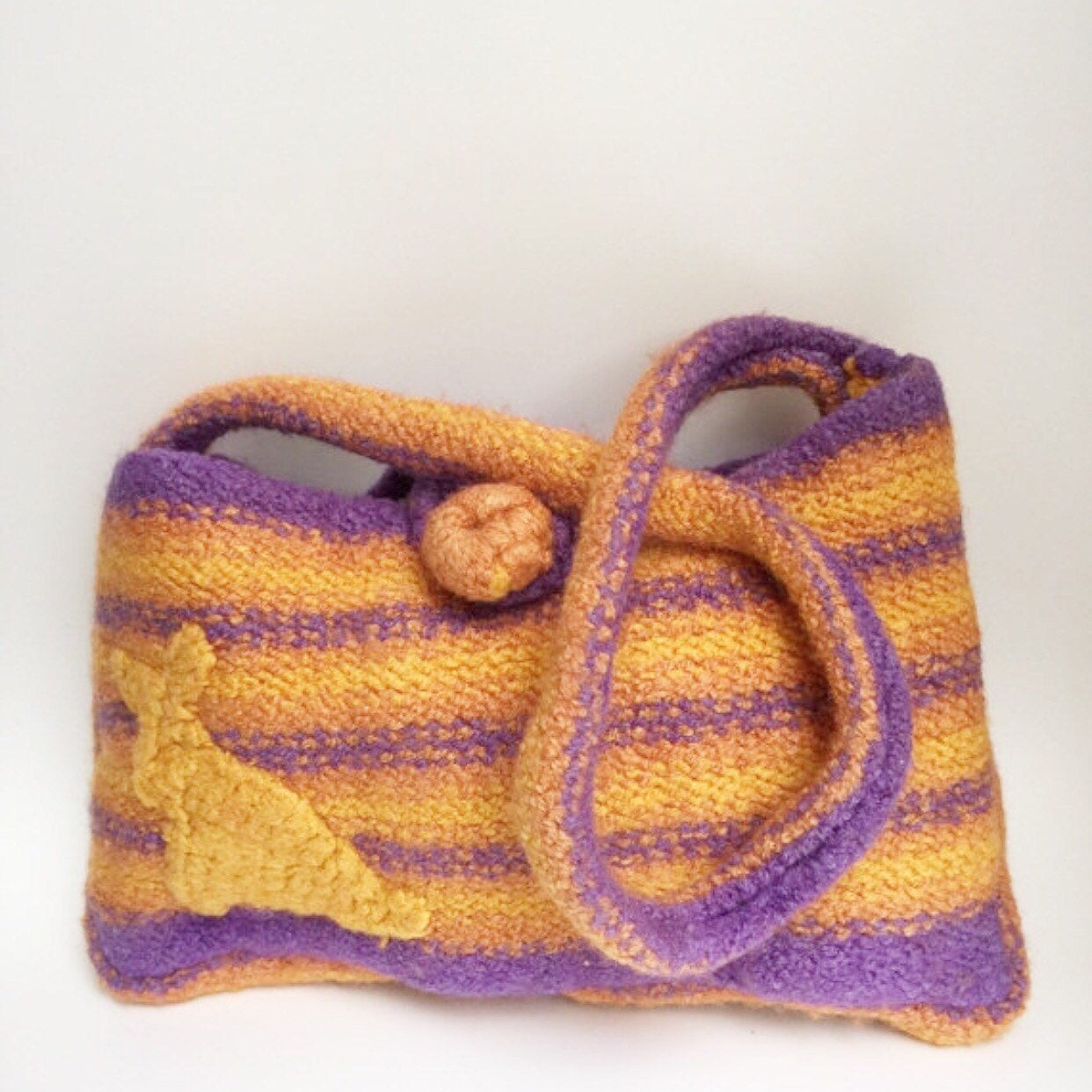Purple-Yellow Felted Handbag - Knitted - with crochet Rabbit Decor