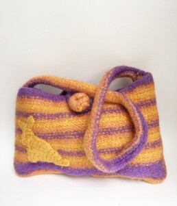 Purple-Yellow Felted Handbag - Knitted - with crochet Rabbit Decor