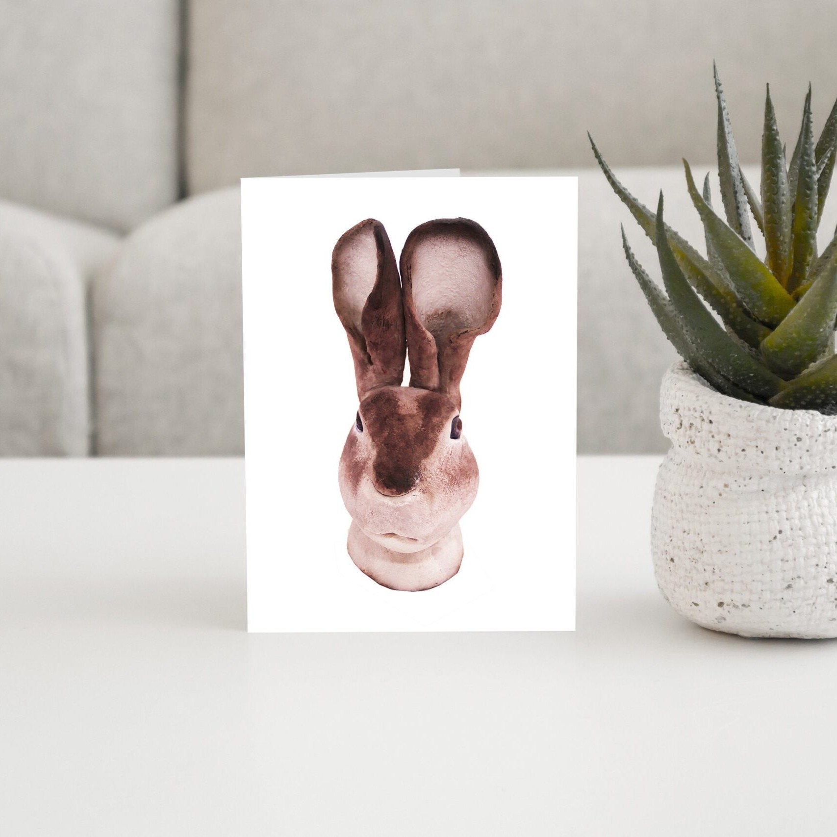 Rabbit Blank Greetings Card | Image of handmade ceramic bunny sculpture 7x5"