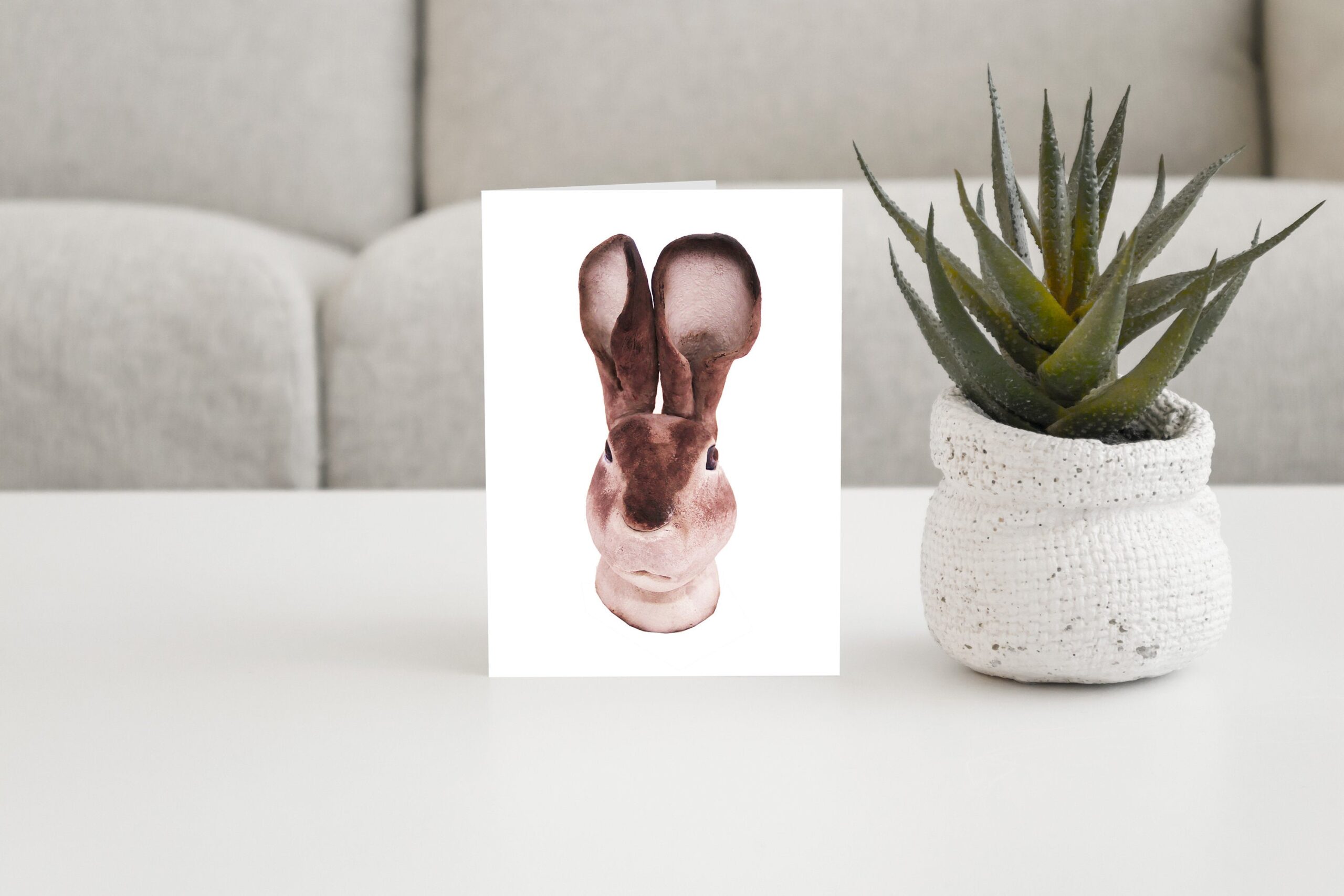 Rabbit Blank Greetings Card | Image of handmade ceramic bunny sculpture 7x5"