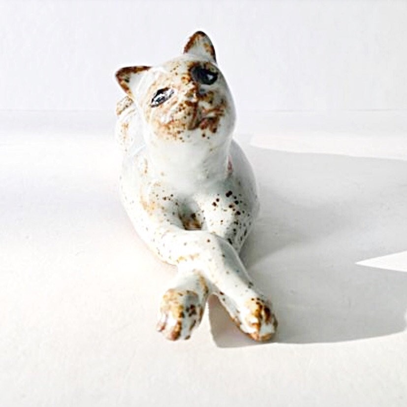 White lounging Cat Sculpture - Ceramic